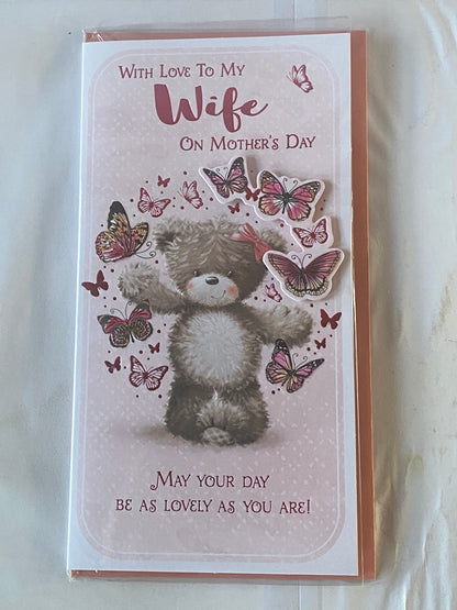 With Love To My Wife On Mother's Day Mothers Day Card Teddy/Pink+Black Butterflies 3D/Foil Detail(PRELUDE47676)