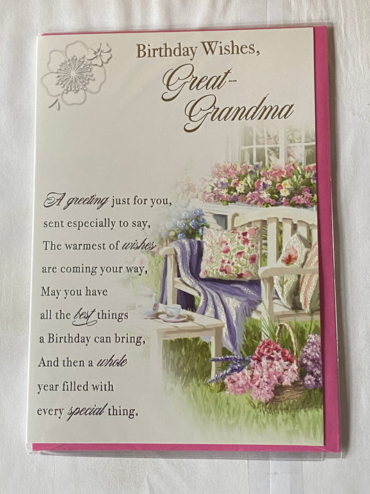 Birthday Wishes Great-Grandma Birthday Card White Bench/Silver Words Glitter/Foil Detail(PH43605E)