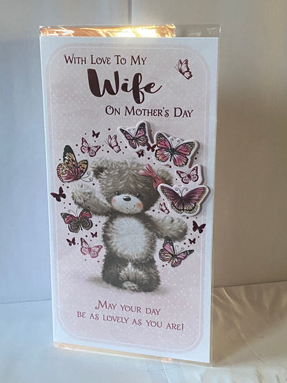 With Love To My Wife On Mother's Day Mothers Day Card Teddy/Pink+Black Butterflies 3D/Foil Detail(PRELUDE47676)