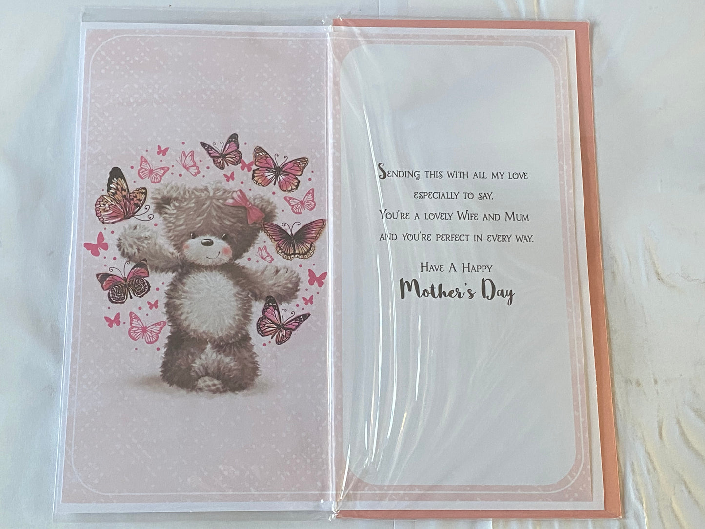 With Love To My Wife On Mother's Day Mothers Day Card Teddy/Pink+Black Butterflies 3D/Foil Detail(PRELUDE47676)