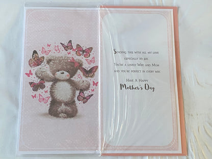 With Love To My Wife On Mother's Day Mothers Day Card Teddy/Pink+Black Butterflies 3D/Foil Detail(PRELUDE47676)