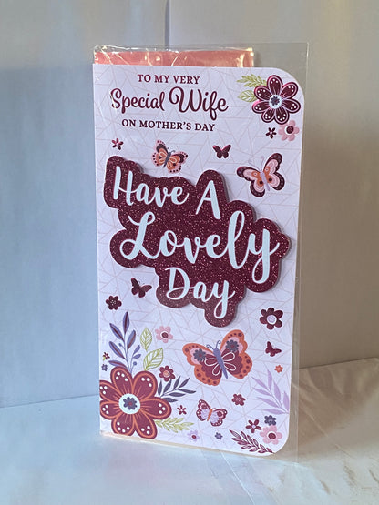 To My Very Special Wife On Mother's Day Have A Lovely Day Mothers Day Card Pink-Flowers/Butterflies/Words 3D/Glitter/Foil Detail(PRELUDE47681)