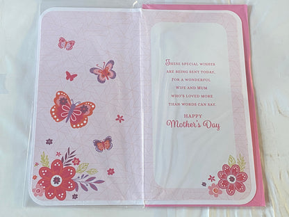 To My Very Special Wife On Mother's Day Have A Lovely Day Mothers Day Card Pink-Flowers/Butterflies/Words 3D/Glitter/Foil Detail(PRELUDE47681)