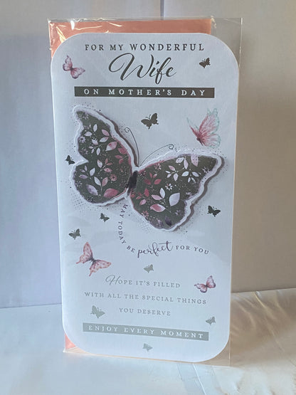 For My Wonderful Wife On Mother's Day Mothers Day Card Silver/Pink Butterflies/Words 3D/Foil Detail(PRELUDE43240)