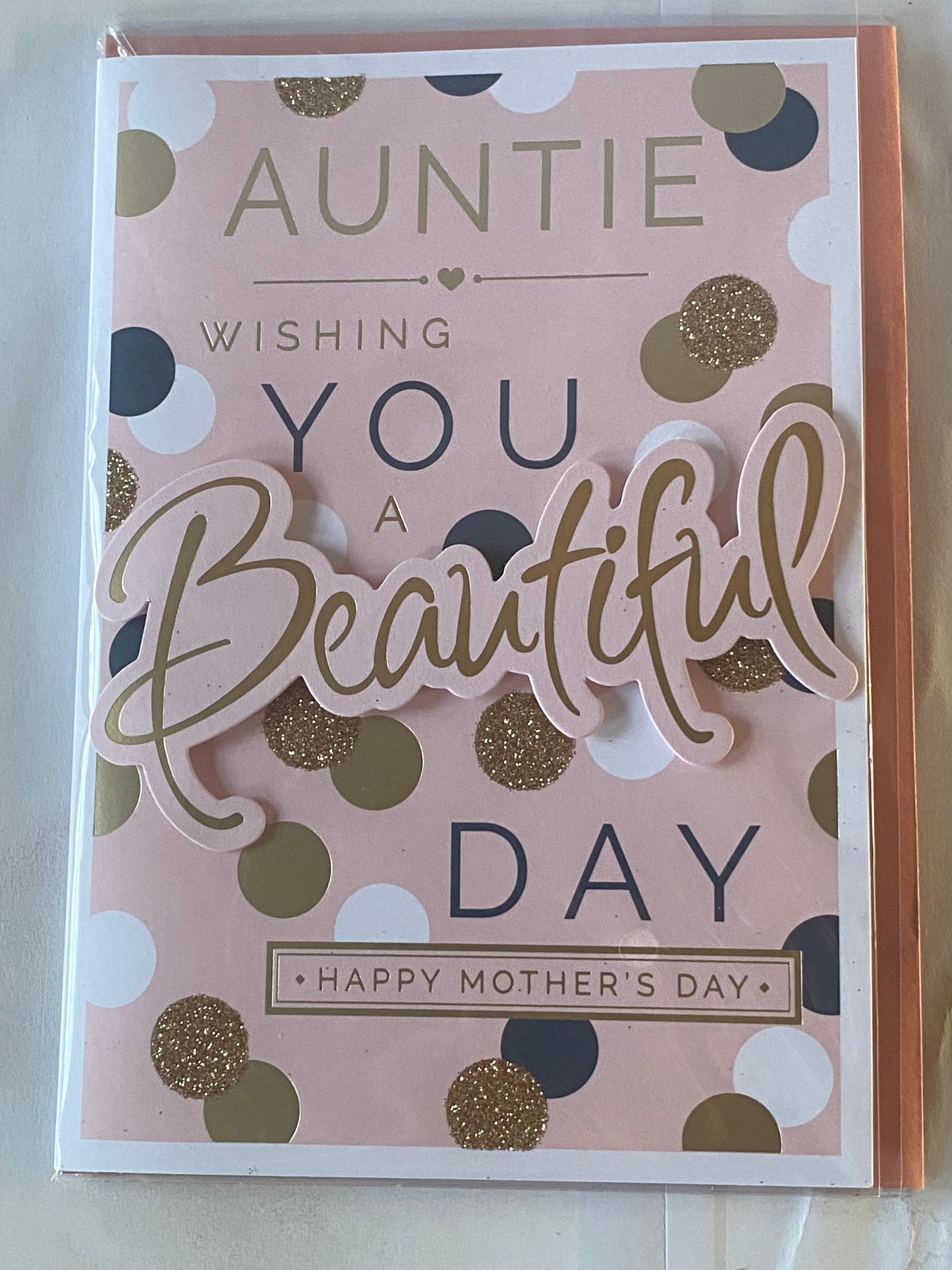 Auntie Wishing You A Beautiful Day Happy Mother's Day Mothers Day Card Pink-Gold/Black Spots/Words 3D/Glitter/Foil Detail(PRELUDE47671)