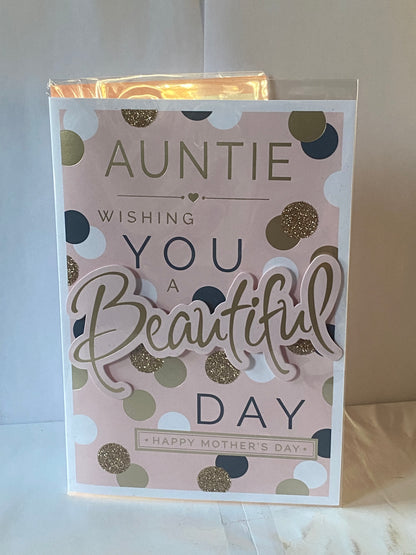 Auntie Wishing You A Beautiful Day Happy Mother's Day Mothers Day Card Pink-Gold/Black Spots/Words 3D/Glitter/Foil Detail(PRELUDE47671)