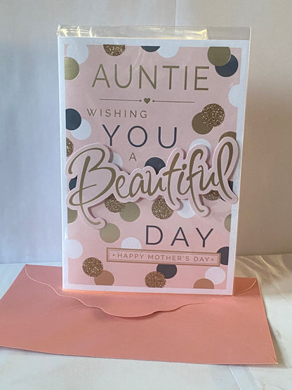 Auntie Wishing You A Beautiful Day Happy Mother's Day Mothers Day Card Pink-Gold/Black Spots/Words 3D/Glitter/Foil Detail(PRELUDE47671)