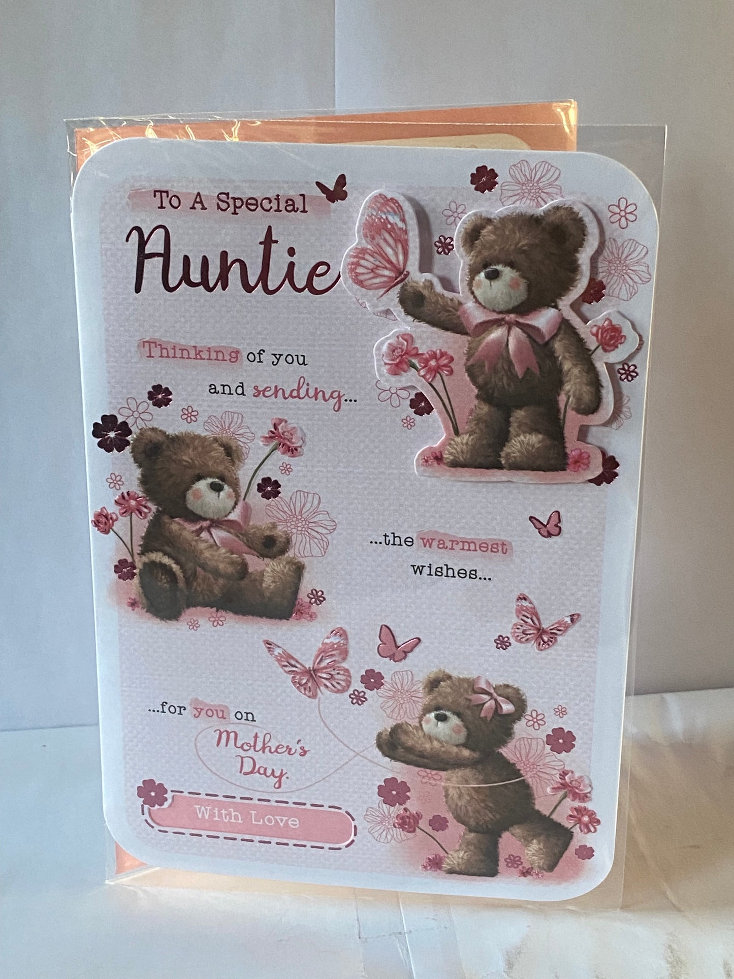 To A Special Auntie Mother's Day Mothers Day Card Teddies/Pink Flowers+Butterflies/Words 3D/Foil Detail(PRELUDE45438)