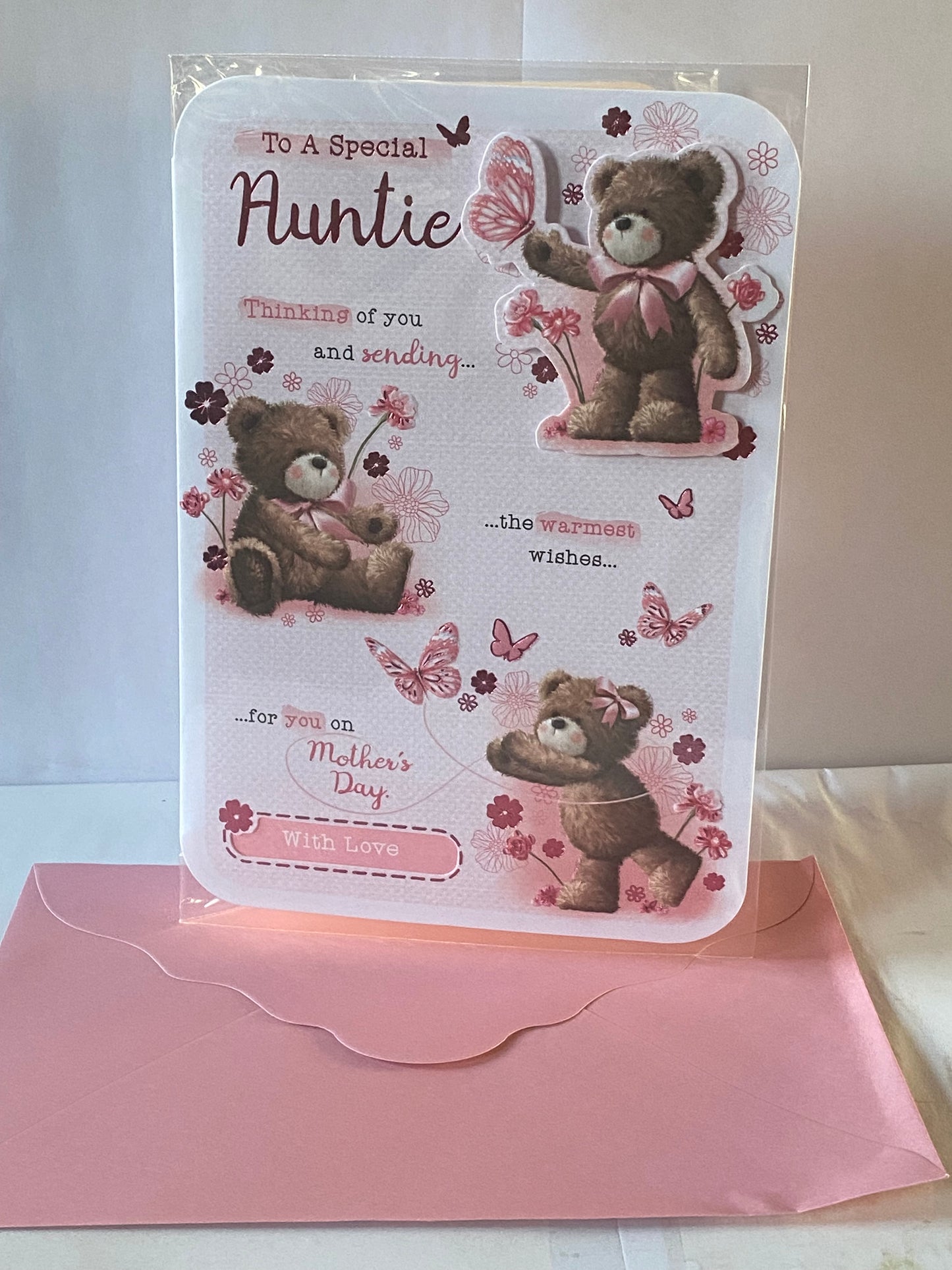 To A Special Auntie Mother's Day Mothers Day Card Teddies/Pink Flowers+Butterflies/Words 3D/Foil Detail(PRELUDE45438)