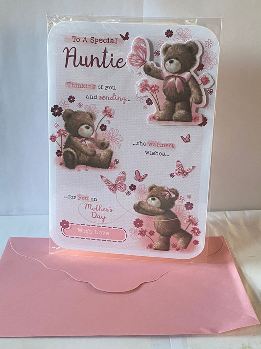 To A Special Auntie Mother's Day Mothers Day Card Teddies/Pink Flowers+Butterflies/Words 3D/Foil Detail(PRELUDE45438)