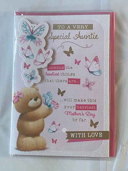 To A Very Special Auntie With Love Mother's Day Mothers Day Card Teddy/Butterflies/Words 3D/Glitter/Foil Detail(PRELUDE48766)