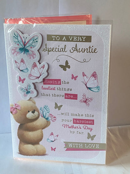 To A Very Special Auntie With Love Mother's Day Mothers Day Card Teddy/Butterflies/Words 3D/Glitter/Foil Detail(PRELUDE48766)