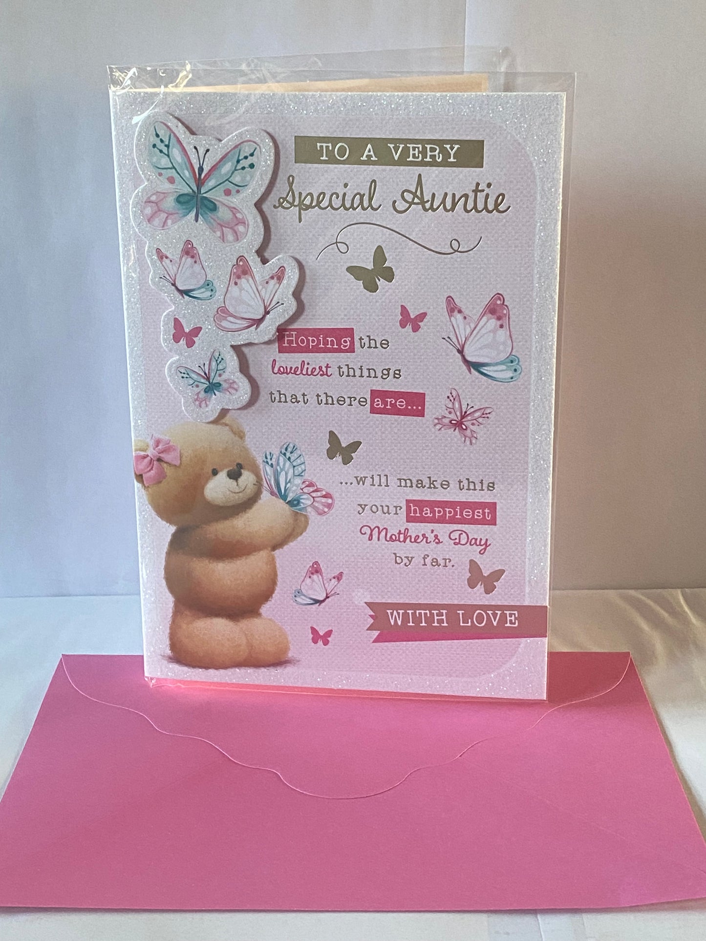 To A Very Special Auntie With Love Mother's Day Mothers Day Card Teddy/Butterflies/Words 3D/Glitter/Foil Detail(PRELUDE48766)