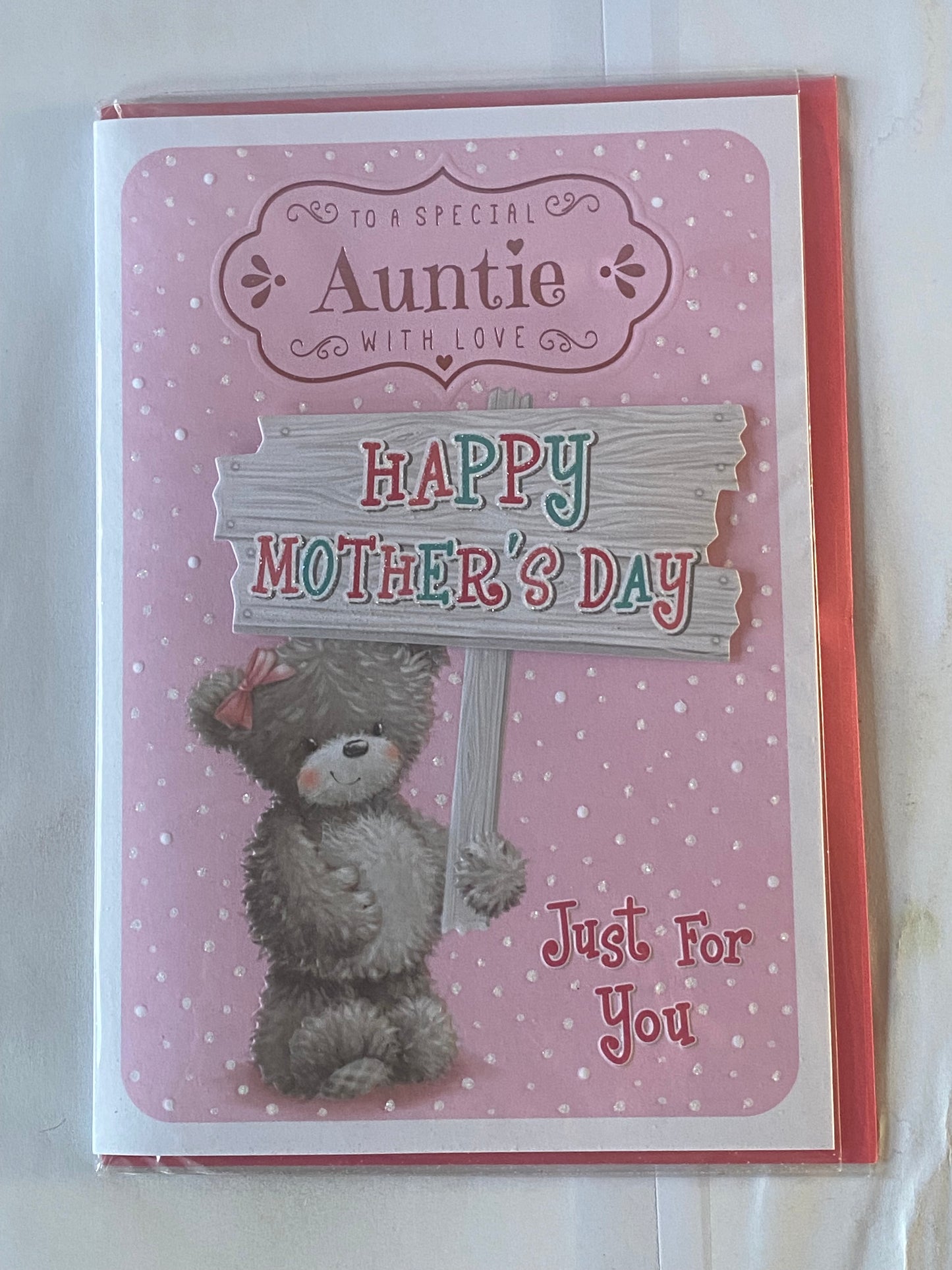 To A Special Auntie With Love Happy Mother's Day Mothers Day Card Pink-Teddy/Multi Sign 3D/Glitter/Foil Detail(PRELUDE44027)