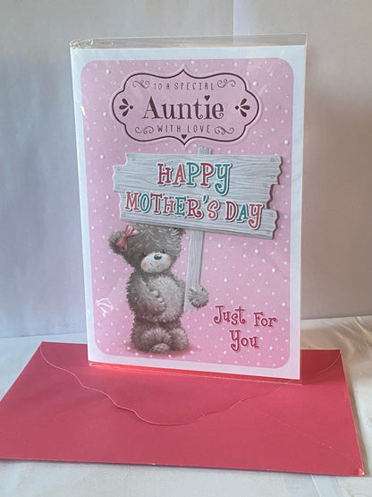 To A Special Auntie With Love Happy Mother's Day Mothers Day Card Pink-Teddy/Multi Sign 3D/Glitter/Foil Detail(PRELUDE44027)