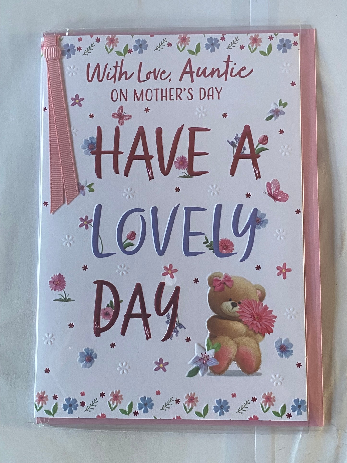 With Love Auntie On Mother's Day Have A Lovely Day Mother's Day Mothers Day Card Sitting Teddy Holding Pink Flower/Words Ribbon/Foil Detail(PRELUDE49793)