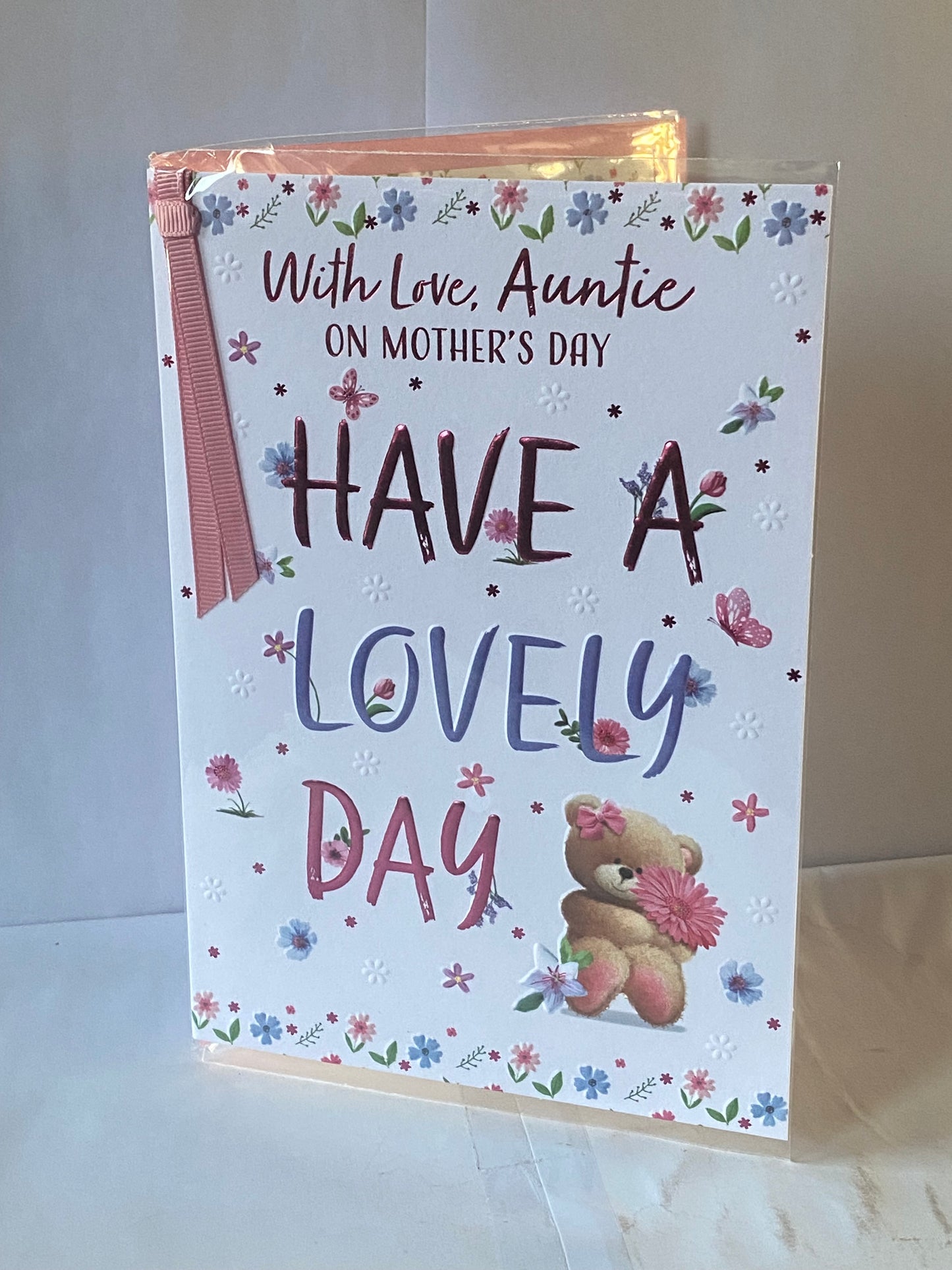 With Love Auntie On Mother's Day Have A Lovely Day Mother's Day Mothers Day Card Sitting Teddy Holding Pink Flower/Words Ribbon/Foil Detail(PRELUDE49793)