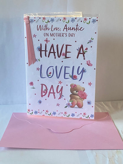 With Love Auntie On Mother's Day Have A Lovely Day Mother's Day Mothers Day Card Sitting Teddy Holding Pink Flower/Words Ribbon/Foil Detail(PRELUDE49793)