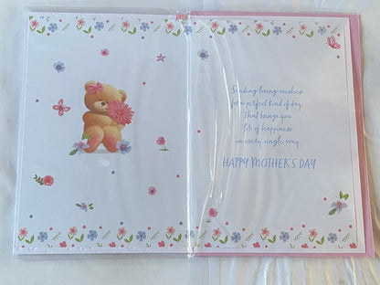 With Love Auntie On Mother's Day Have A Lovely Day Mother's Day Mothers Day Card Sitting Teddy Holding Pink Flower/Words Ribbon/Foil Detail(PRELUDE49793)