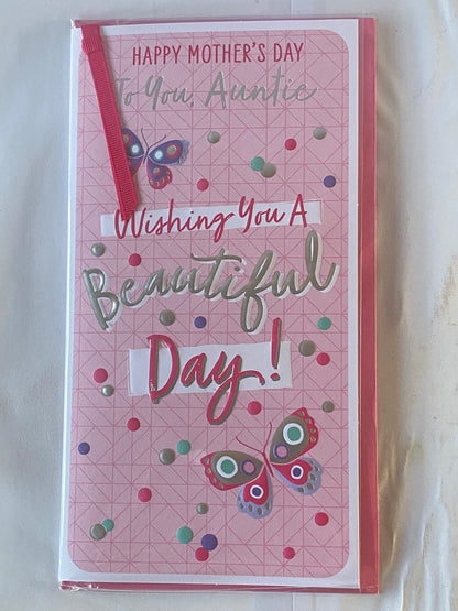 Happy Mother's Day To You Auntie Wishing You A Beautiful Day! Mother's Day Mothers Day Card Pink-Multi Butterflies/Words Ribbon/Foil Detail(PRELUDE49800)