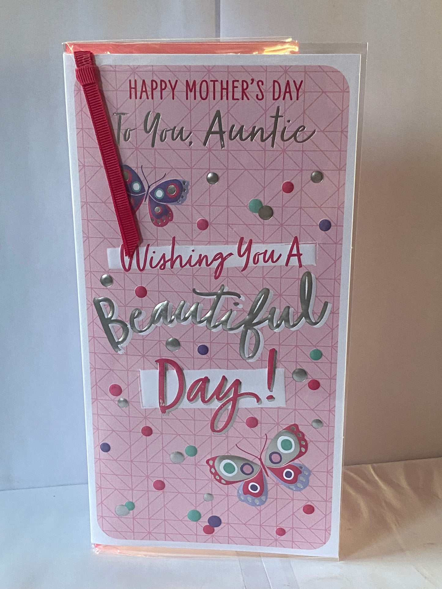 Happy Mother's Day To You Auntie Wishing You A Beautiful Day! Mother's Day Mothers Day Card Pink-Multi Butterflies/Words Ribbon/Foil Detail(PRELUDE49800)