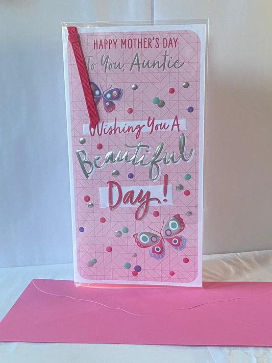 Happy Mother's Day To You Auntie Wishing You A Beautiful Day! Mother's Day Mothers Day Card Pink-Multi Butterflies/Words Ribbon/Foil Detail(PRELUDE49800)