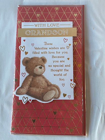 With Love Grandson Valentine's Day Valentines Day Card Red-Teddy/Gold Words/Hearts Foil/Hearts 3D/Foil Detail(PRELUDE45314)