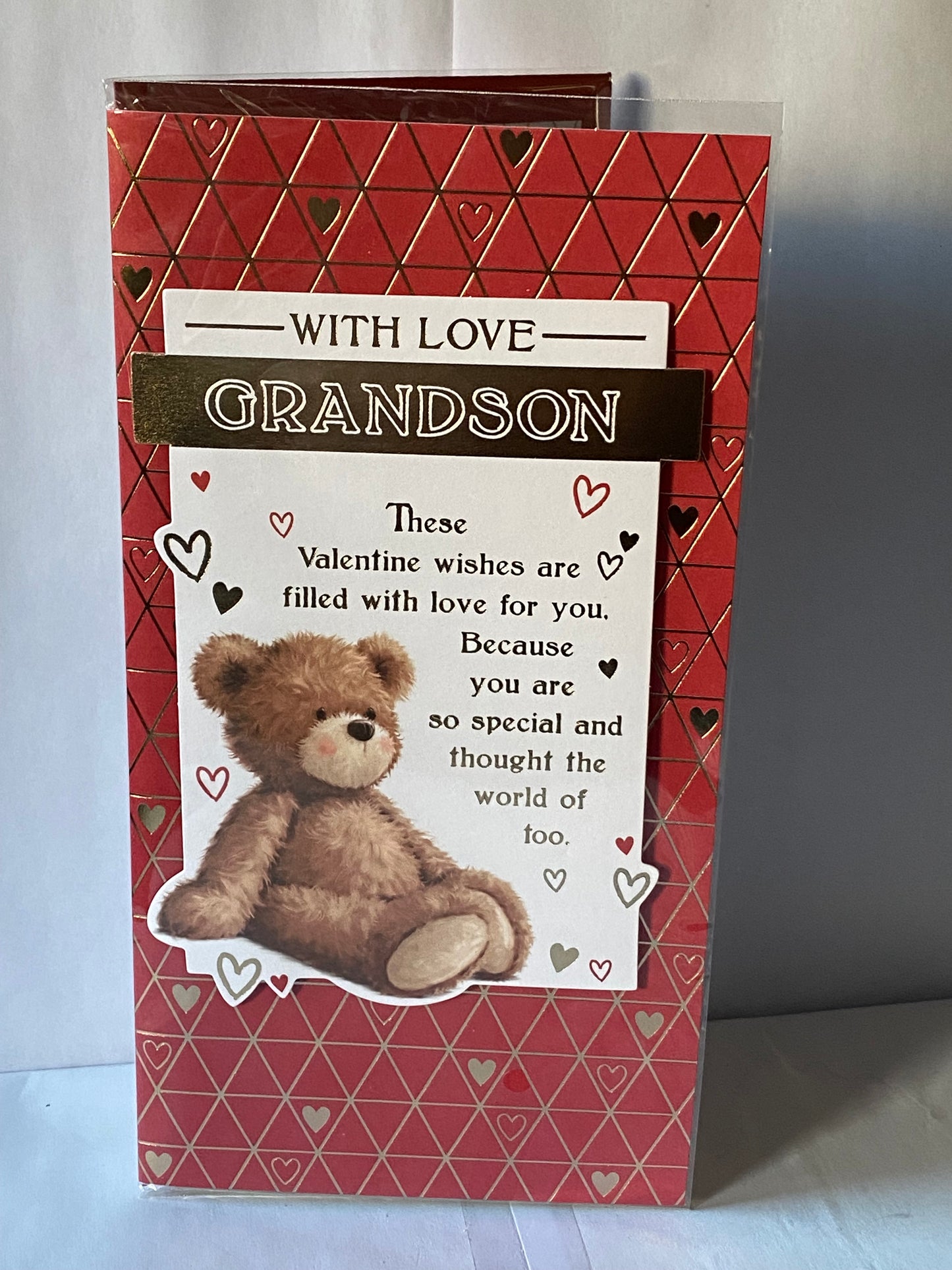 With Love Grandson Valentine's Day Valentines Day Card Red-Teddy/Gold Words/Hearts Foil/Hearts 3D/Foil Detail(PRELUDE45314)