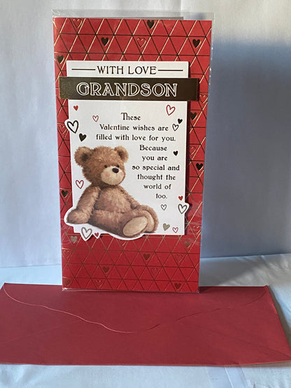 With Love Grandson Valentine's Day Valentines Day Card Red-Teddy/Gold Words/Hearts Foil/Hearts 3D/Foil Detail(PRELUDE45314)