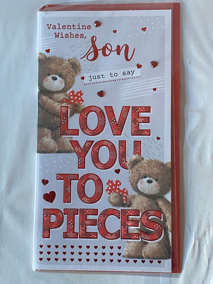 Valentine Wishes Son Just To Say Love You To Pieces Valentine's Day Valentines Day Card Teddies/Words/Hearts Foil/Heart Gems Detail(PRELUDE47551)