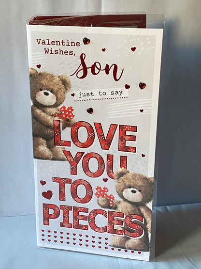 Valentine Wishes Son Just To Say Love You To Pieces Valentine's Day Valentines Day Card Teddies/Words/Hearts Foil/Heart Gems Detail(PRELUDE47551)