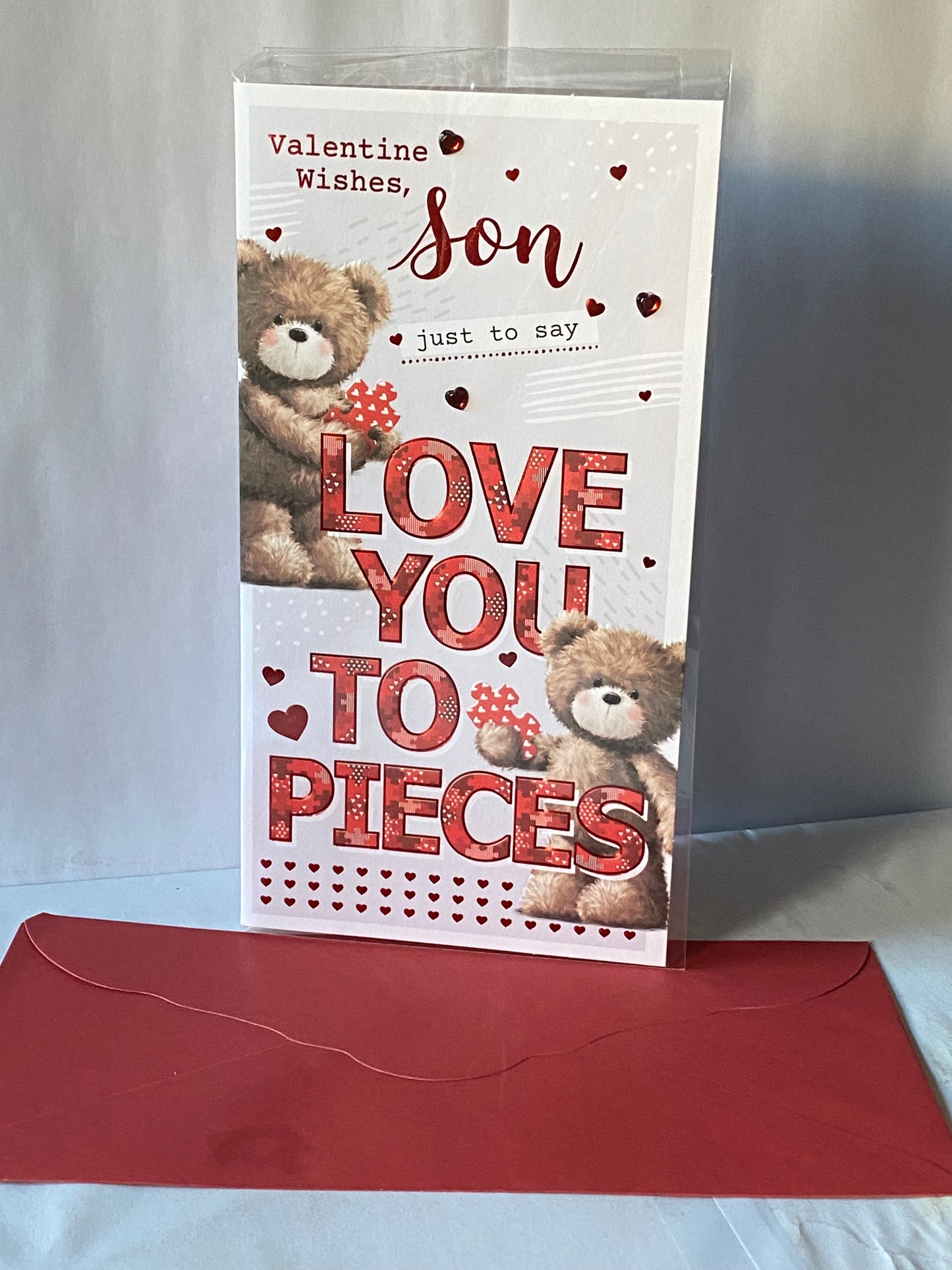 Valentine Wishes Son Just To Say Love You To Pieces Valentine's Day Valentines Day Card Teddies/Words/Hearts Foil/Heart Gems Detail(PRELUDE47551)