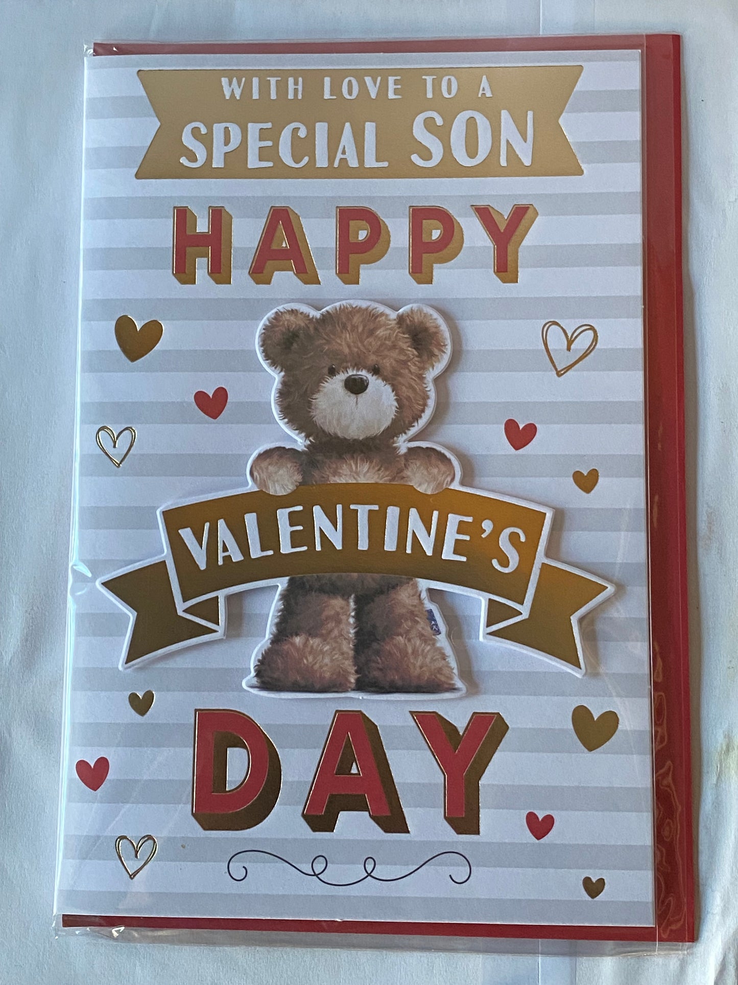 With Love To A Special Son Happy Valentine's Day Valentines Day Card Teddy/Words/Hearts/Stripes 3D/Foil Detail(PRELUDE47558)