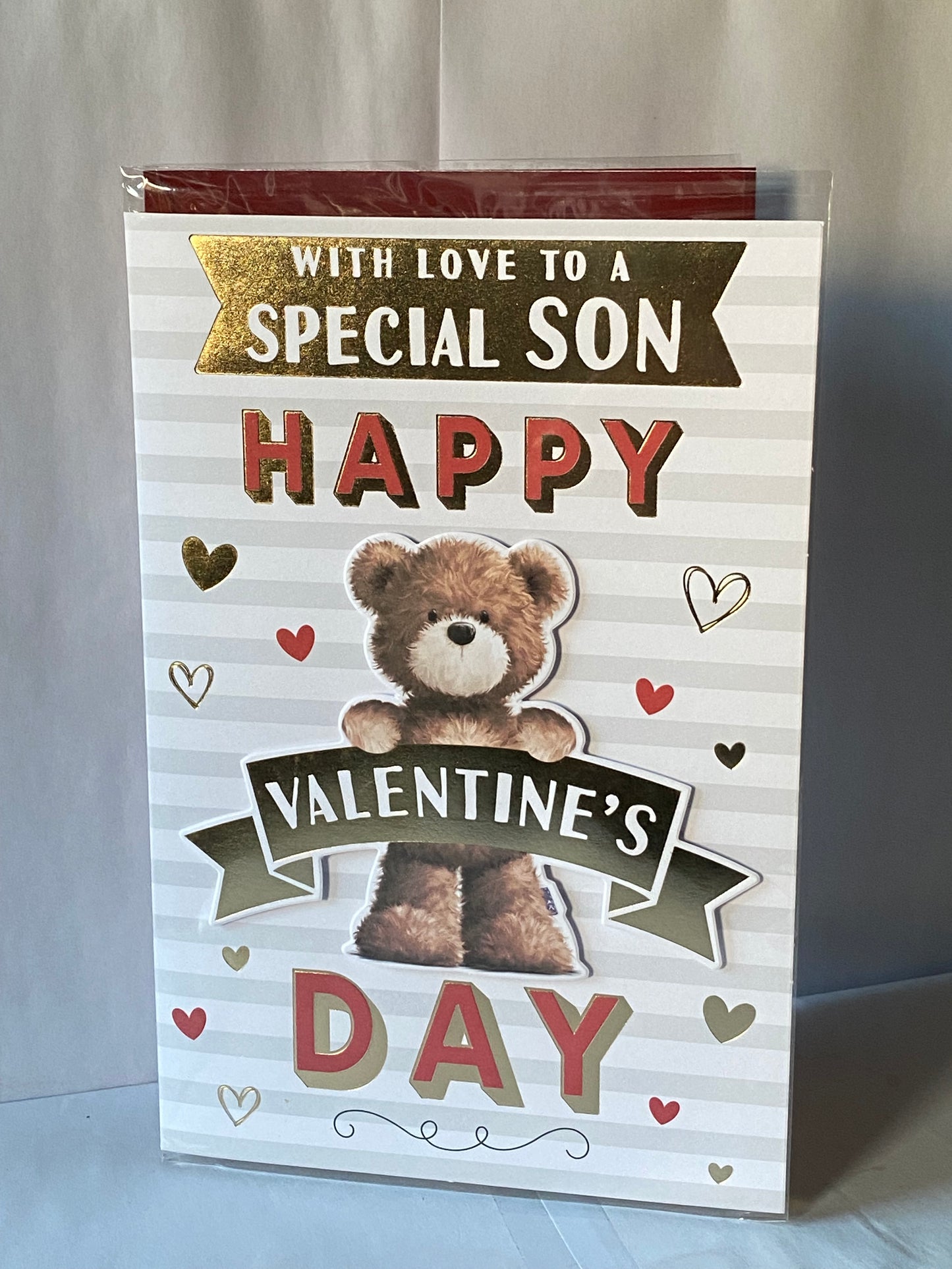 With Love To A Special Son Happy Valentine's Day Valentines Day Card Teddy/Words/Hearts/Stripes 3D/Foil Detail(PRELUDE47558)