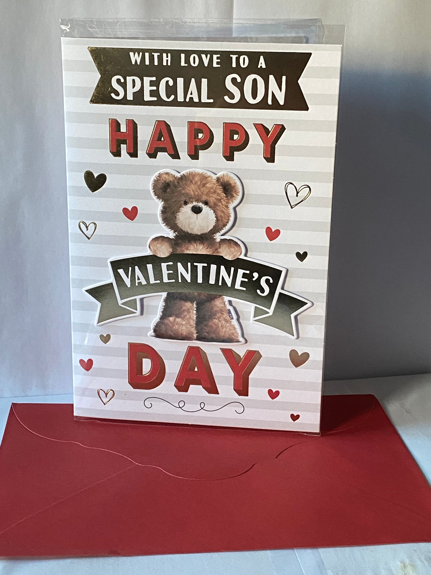 With Love To A Special Son Happy Valentine's Day Valentines Day Card Teddy/Words/Hearts/Stripes 3D/Foil Detail(PRELUDE47558)