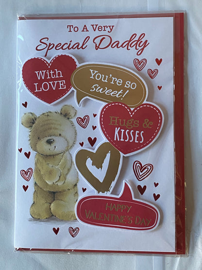 To A Very Special Daddy With Love You're So Sweet! Hugs & Kisses Happy Valentine's Day Valentines Day Card Teddy/Red+Gold Hearts/Words 3D/Foil Detail(PRELUDE47549)