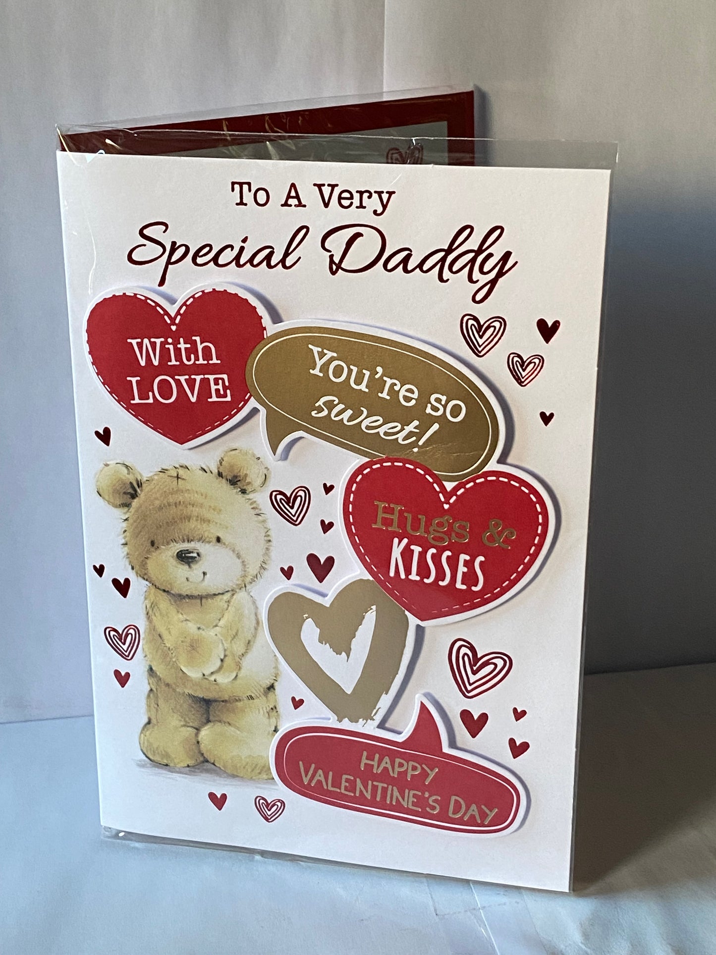 To A Very Special Daddy With Love You're So Sweet! Hugs & Kisses Happy Valentine's Day Valentines Day Card Teddy/Red+Gold Hearts/Words 3D/Foil Detail(PRELUDE47549)