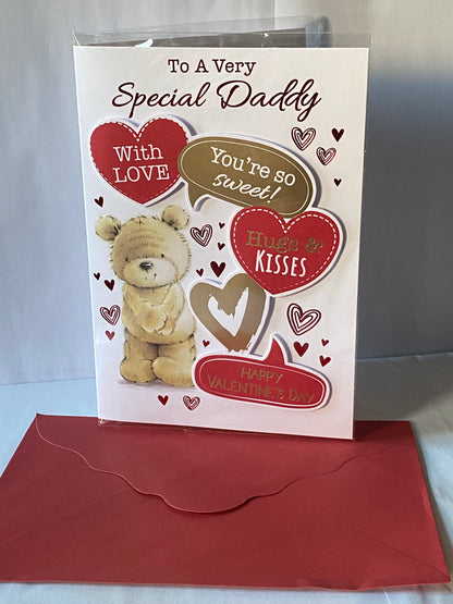 To A Very Special Daddy With Love You're So Sweet! Hugs & Kisses Happy Valentine's Day Valentines Day Card Teddy/Red+Gold Hearts/Words 3D/Foil Detail(PRELUDE47549)