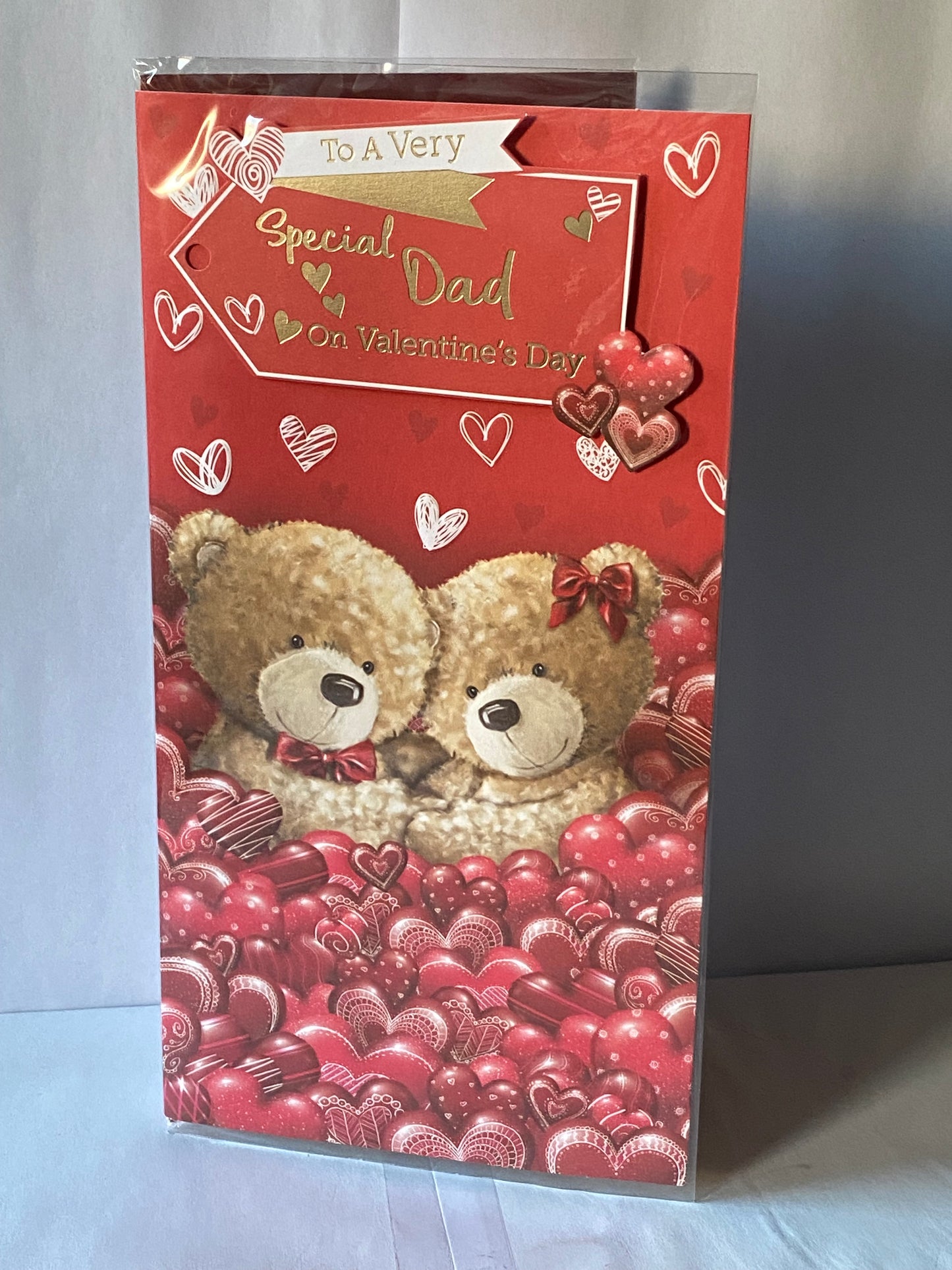 To A Very Special Dad On Valentine's Day Valentines Day Card Red-Teddies/Hearts/Gold Words(PRELUDE43038)