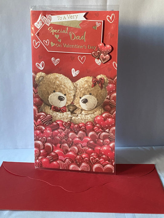 To A Very Special Dad On Valentine's Day Valentines Day Card Red-Teddies/Hearts/Gold Words(PRELUDE43038)