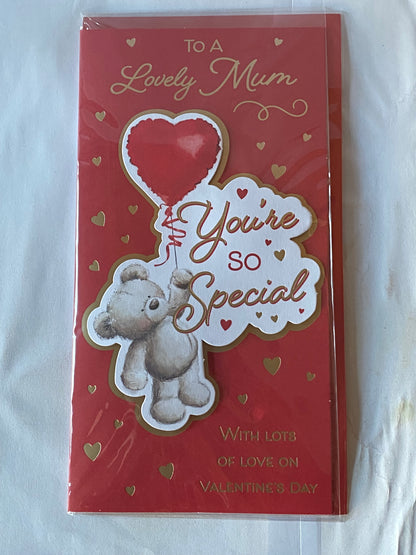 To A Lovely Mum You're So Special Valentine's Day Valentines Day Card Red-Teddy Holding Red Heart Balloon/Gold Hearts 3D/Foil Detail(PRELUDE47552)