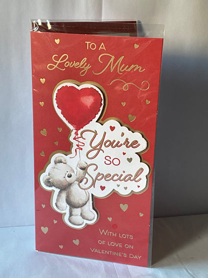 To A Lovely Mum You're So Special Valentine's Day Valentines Day Card Red-Teddy Holding Red Heart Balloon/Gold Hearts 3D/Foil Detail(PRELUDE47552)