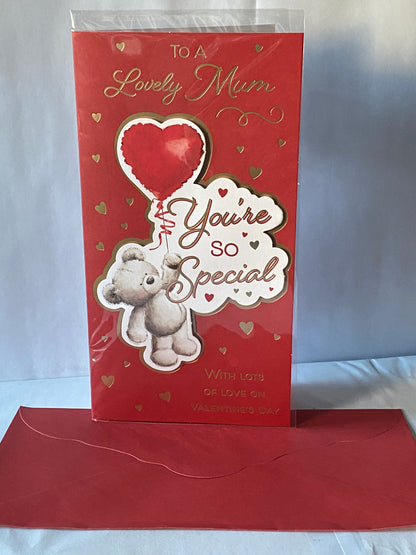 To A Lovely Mum You're So Special Valentine's Day Valentines Day Card Red-Teddy Holding Red Heart Balloon/Gold Hearts 3D/Foil Detail(PRELUDE47552)