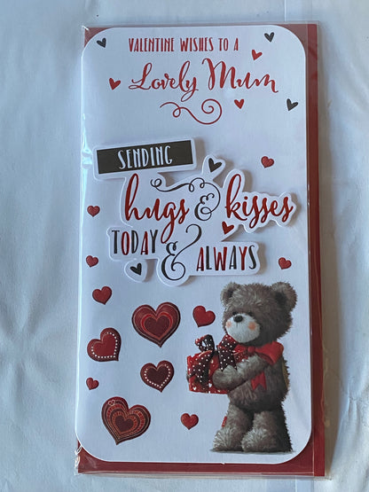 Valentine Wishes To A Lovely Mum Sending Hugs & Kisses Today & Always Valentine's Day Valentines Day Card Teddy Holding Red Present/Hearts/Words 3D/Foil Detail(PRELUDE45313)