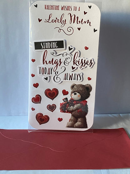 Valentine Wishes To A Lovely Mum Sending Hugs & Kisses Today & Always Valentine's Day Valentines Day Card Teddy Holding Red Present/Hearts/Words 3D/Foil Detail(PRELUDE45313)