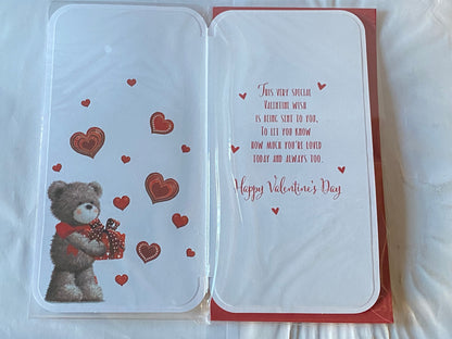 Valentine Wishes To A Lovely Mum Sending Hugs & Kisses Today & Always Valentine's Day Valentines Day Card Teddy Holding Red Present/Hearts/Words 3D/Foil Detail(PRELUDE45313)