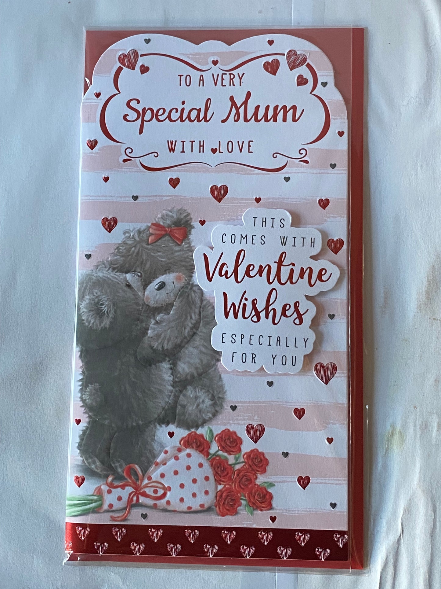 To A Very Special Mum With Love This Come With Valentine Wishes Especially For You Valentine's Valentines Day Card Teddies Hugging/Pink+White Stripes 3D/Foil Detail(PRELUDE43037)