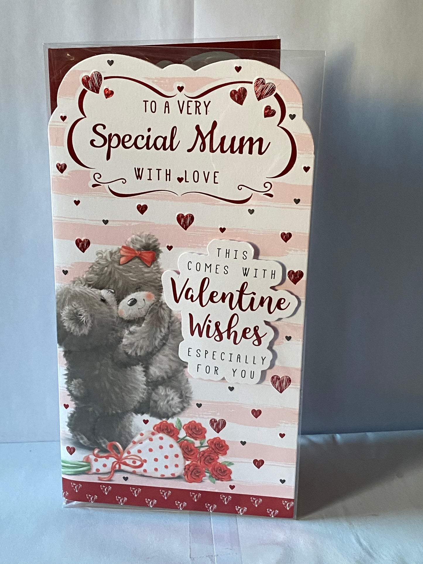 To A Very Special Mum With Love This Come With Valentine Wishes Especially For You Valentine's Valentines Day Card Teddies Hugging/Pink+White Stripes 3D/Foil Detail(PRELUDE43037)