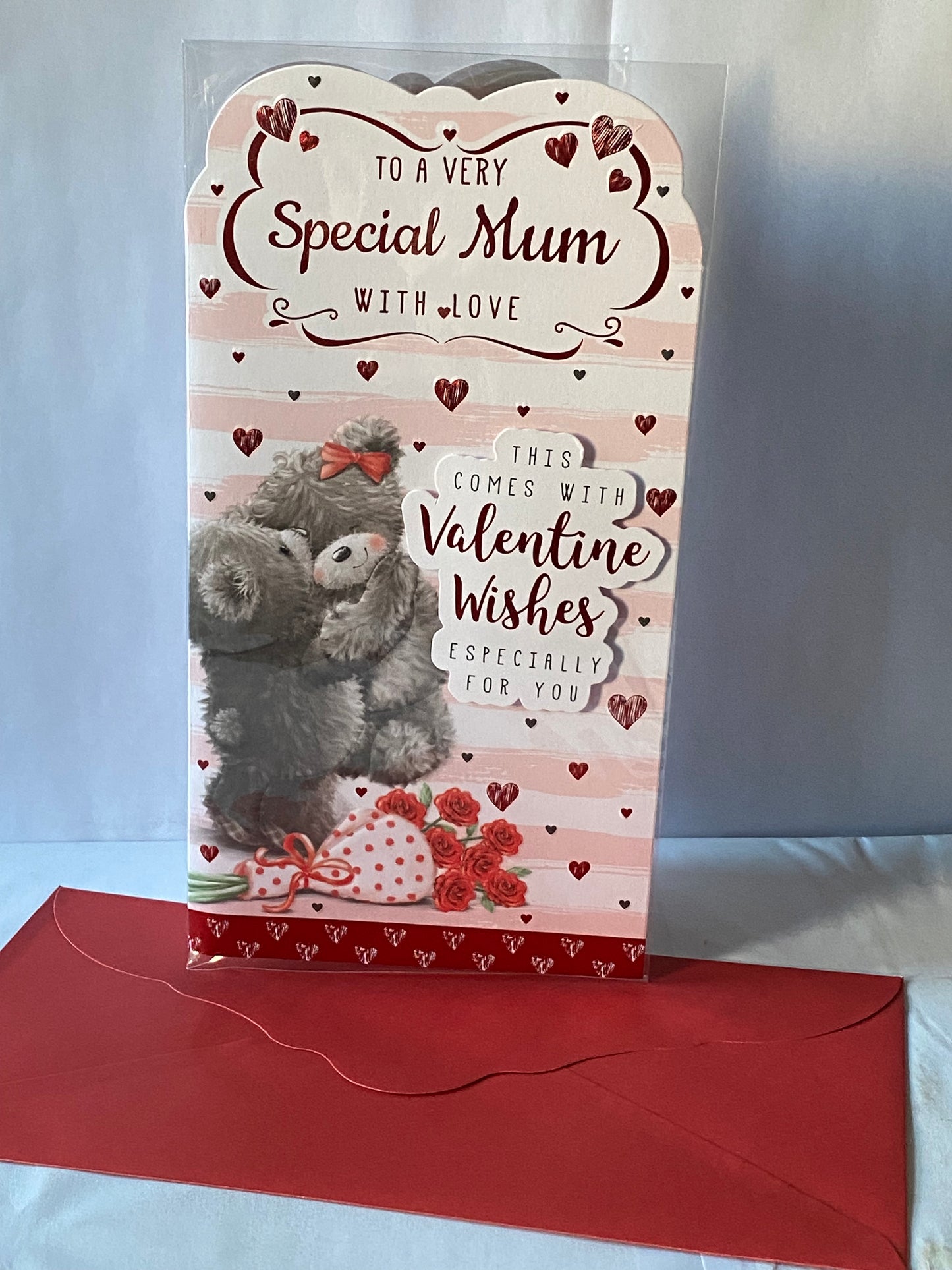 To A Very Special Mum With Love This Come With Valentine Wishes Especially For You Valentine's Valentines Day Card Teddies Hugging/Pink+White Stripes 3D/Foil Detail(PRELUDE43037)