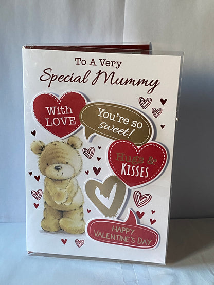 To A Very Special Mummy With Love You're So Sweet! Hugs & Kisses Happy Valentine's Day Valentines Day Card Teddy/Red+Gold Hearts/Words 3D/Foil Detail(PRELUDE47549)